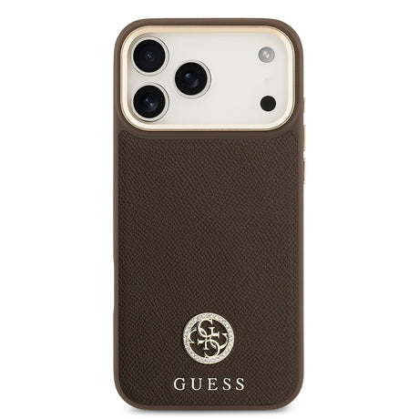 Apple iPhone 17 Pro Max Kılıf Guess Orjinal Lisanslı M-safe Şarj Özellikli Grained Yazı ve Taşlı 4G Logolu Kapak
