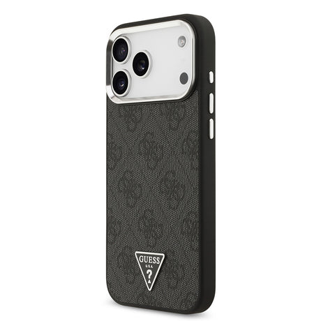Apple iPhone 17 Pro Max Kılıf Guess Orjinal Lisanslı M-safe Şarj Özellikli Gümüş Metal Kamera Çerçeveli Üçgen Logo 4G Desenli Kapak