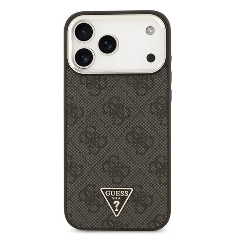 Apple iPhone 17 Pro Max Kılıf Guess Orjinal Lisanslı M-safe Şarj Özellikli Gümüş Metal Kamera Çerçeveli Üçgen Logo 4G Desenli Kapak