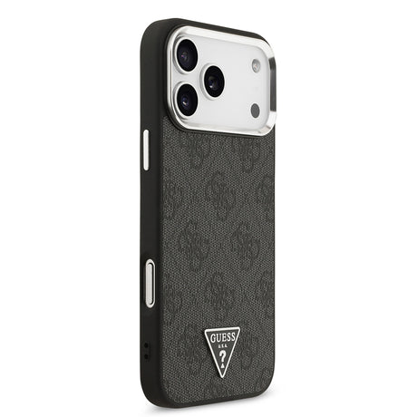 Apple iPhone 17 Pro Max Kılıf Guess Orjinal Lisanslı M-safe Şarj Özellikli Gümüş Metal Kamera Çerçeveli Üçgen Logo 4G Desenli Kapak
