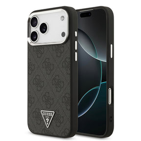 Apple iPhone 17 Pro Max Kılıf Guess Orjinal Lisanslı M-safe Şarj Özellikli Gümüş Metal Kamera Çerçeveli Üçgen Logo 4G Desenli Kapak