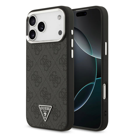 Apple iPhone 17 Pro Max Kılıf Guess Orjinal Lisanslı M-safe Şarj Özellikli Gümüş Metal Kamera Çerçeveli Üçgen Logo 4G Desenli Kapak