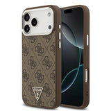 Apple iPhone 17 Pro Max Kılıf Guess Orjinal Lisanslı M-safe Şarj Özellikli Gümüş Metal Kamera Çerçeveli Üçgen Logo 4G Desenli Kapak