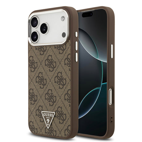 Apple iPhone 17 Pro Max Kılıf Guess Orjinal Lisanslı M-safe Şarj Özellikli Gümüş Metal Kamera Çerçeveli Üçgen Logo 4G Desenli Kapak