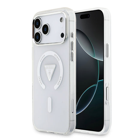 Apple iPhone 17 Pro Max Kılıf Guess Orjinal Lisanslı M-safe Şarj Özellikli IML Baskılı Üçgen Logolu Metal Kamera Çerçeveli Kapak