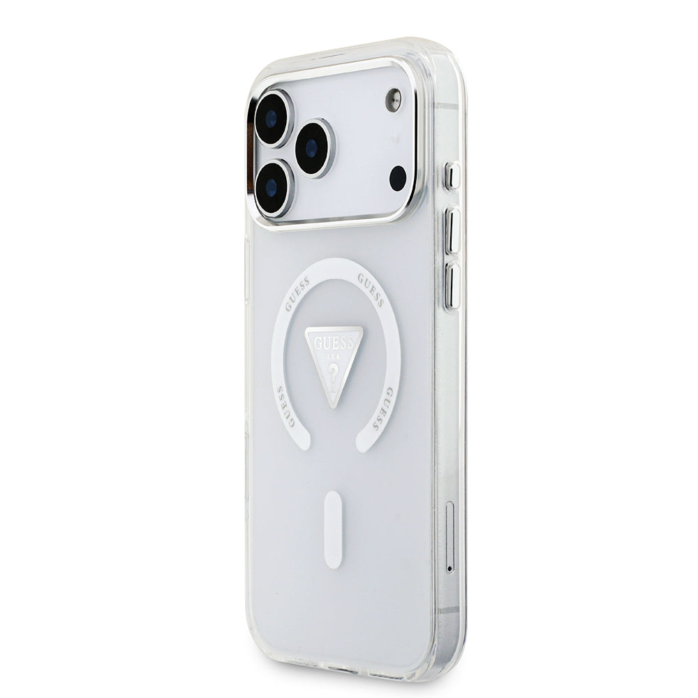 Apple iPhone 17 Pro Max Kılıf Guess Orjinal Lisanslı M-safe Şarj Özellikli IML Baskılı Üçgen Logolu Metal Kamera Çerçeveli Kapak