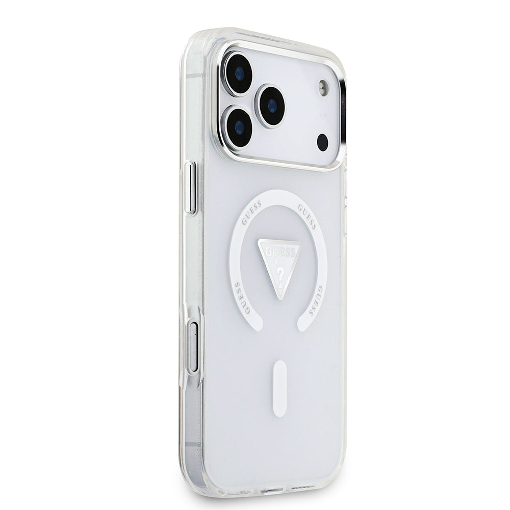 Apple iPhone 17 Pro Max Kılıf Guess Orjinal Lisanslı M-safe Şarj Özellikli IML Baskılı Üçgen Logolu Metal Kamera Çerçeveli Kapak