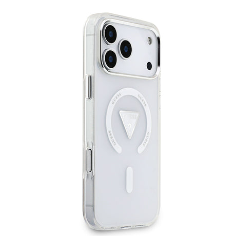 Apple iPhone 17 Pro Max Kılıf Guess Orjinal Lisanslı M-safe Şarj Özellikli IML Baskılı Üçgen Logolu Metal Kamera Çerçeveli Kapak
