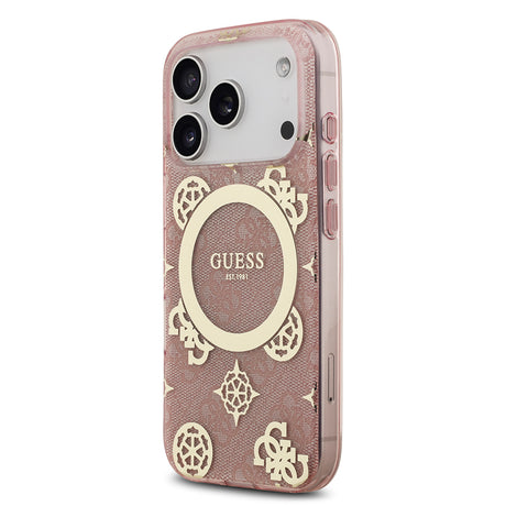 Apple iPhone 17 Pro Max Kılıf Guess Orjinal Lisanslı M-safe Şarj Özellikli IML Peony ve 4G Desenli Klasik Logolu Kapak