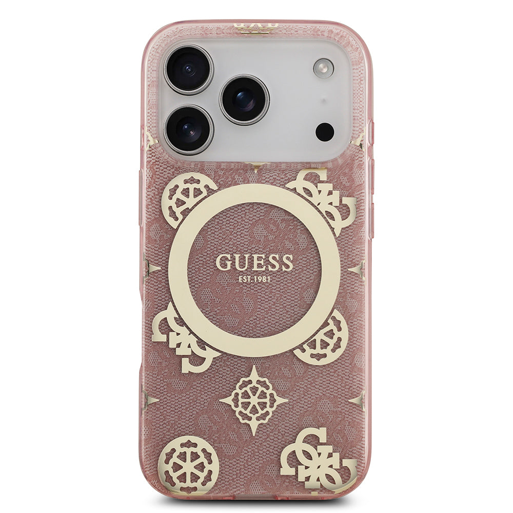 Apple iPhone 17 Pro Max Kılıf Guess Orjinal Lisanslı M-safe Şarj Özellikli IML Peony ve 4G Desenli Klasik Logolu Kapak