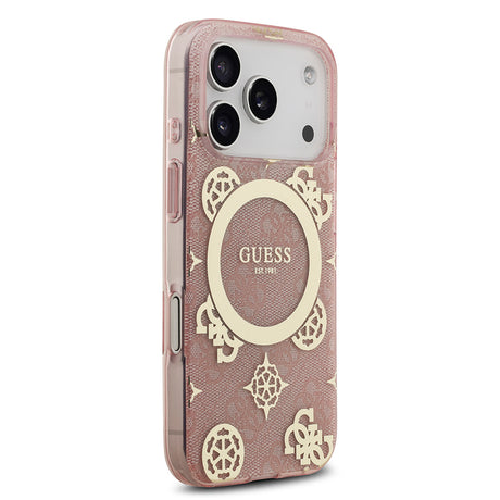 Apple iPhone 17 Pro Max Kılıf Guess Orjinal Lisanslı M-safe Şarj Özellikli IML Peony ve 4G Desenli Klasik Logolu Kapak