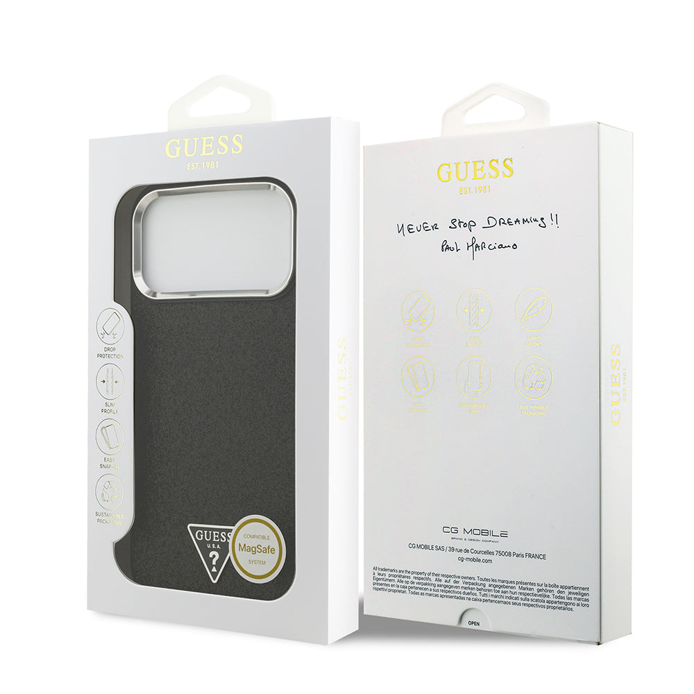 Apple iPhone 17 Pro Max Kılıf Guess Orjinal Lisanslı M-safe Şarj Özellikli Metal Kamera Çerçeveli Üçgen Logolu Glitter Kapak