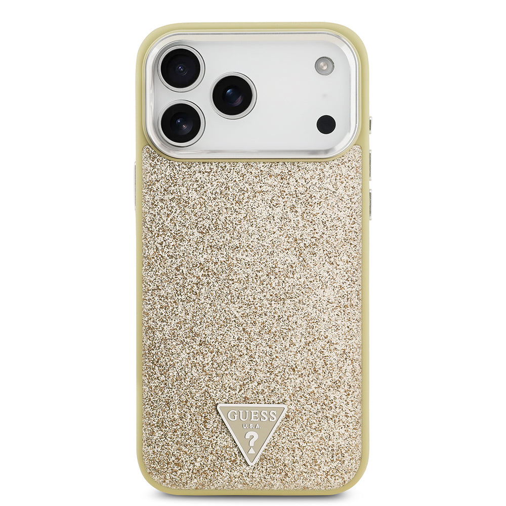 Apple iPhone 17 Pro Max Kılıf Guess Orjinal Lisanslı M-safe Şarj Özellikli Metal Kamera Çerçeveli Üçgen Logolu Glitter Kapak