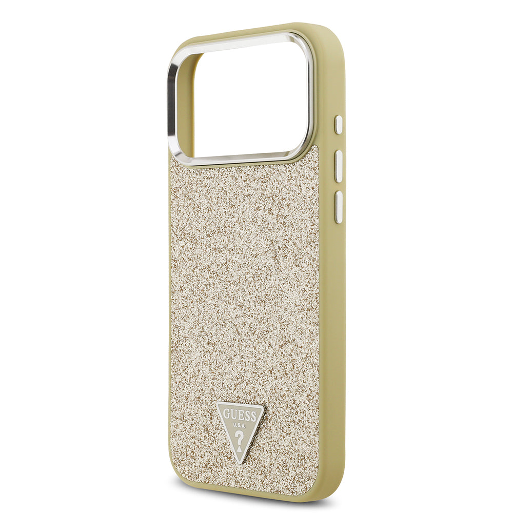 Apple iPhone 17 Pro Max Kılıf Guess Orjinal Lisanslı M-safe Şarj Özellikli Metal Kamera Çerçeveli Üçgen Logolu Glitter Kapak
