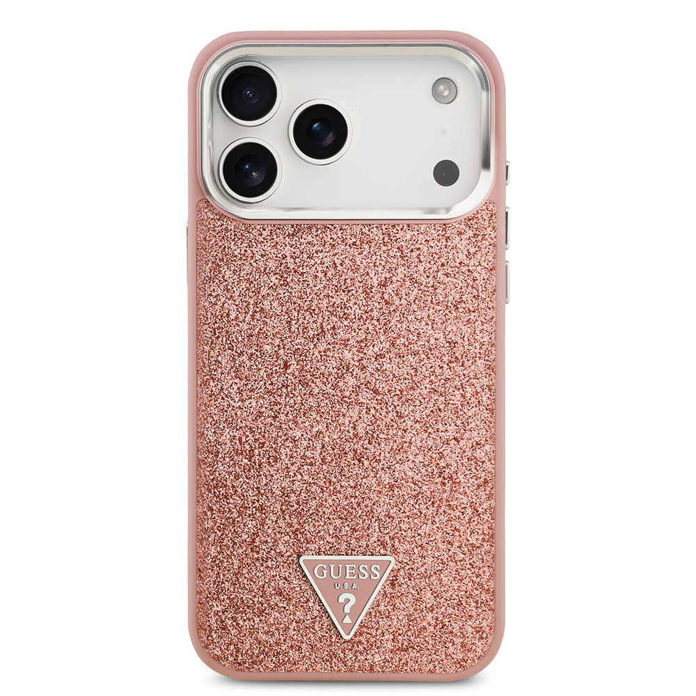 Apple iPhone 17 Pro Max Kılıf Guess Orjinal Lisanslı M-safe Şarj Özellikli Metal Kamera Çerçeveli Üçgen Logolu Glitter Kapak