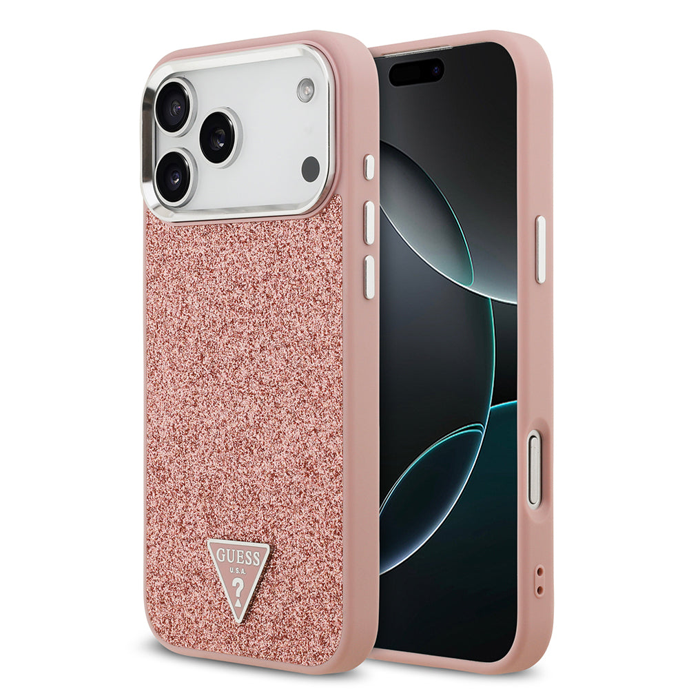 Apple iPhone 17 Pro Max Kılıf Guess Orjinal Lisanslı M-safe Şarj Özellikli Metal Kamera Çerçeveli Üçgen Logolu Glitter Kapak