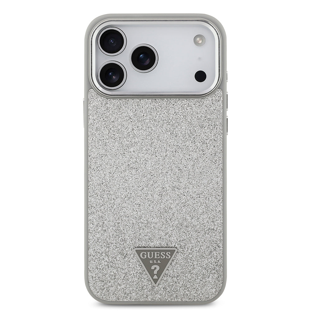 Apple iPhone 17 Pro Max Kılıf Guess Orjinal Lisanslı M-safe Şarj Özellikli Metal Kamera Çerçeveli Üçgen Logolu Glitter Kapak