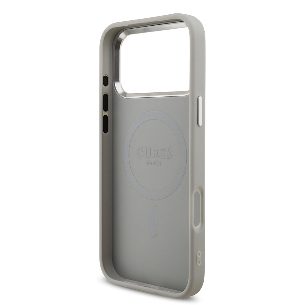 Apple iPhone 17 Pro Max Kılıf Guess Orjinal Lisanslı M-safe Şarj Özellikli Metal Kamera Çerçeveli Üçgen Logolu Glitter Kapak