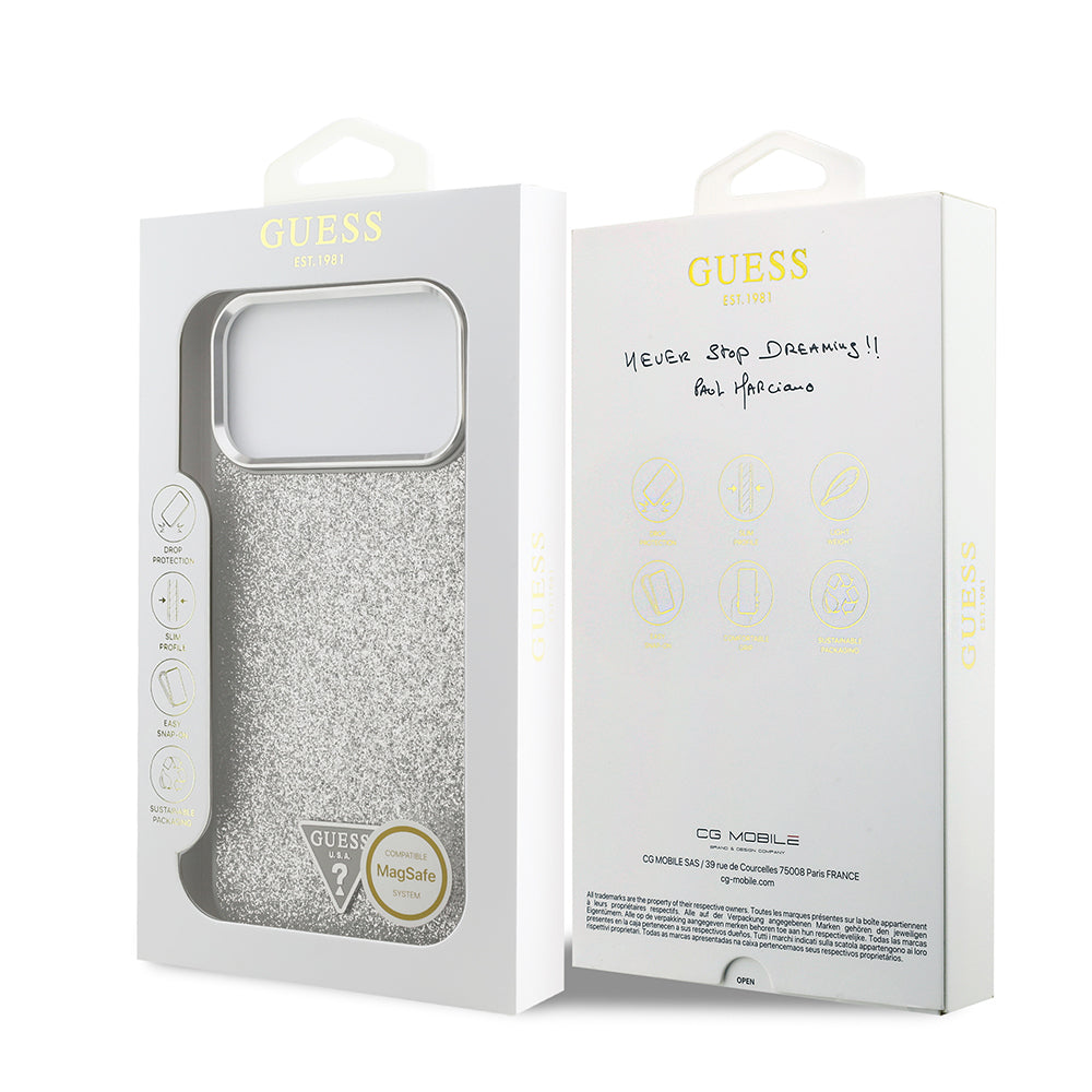 Apple iPhone 17 Pro Max Kılıf Guess Orjinal Lisanslı M-safe Şarj Özellikli Metal Kamera Çerçeveli Üçgen Logolu Glitter Kapak