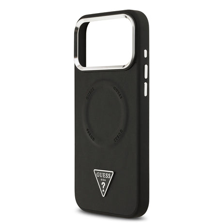 Apple iPhone 17 Pro Max Kılıf Guess Orjinal Lisanslı M-safe Şarj Özellikli PU Deri Metal Kamera Çerçeveli Üçgen Logolu Kapak