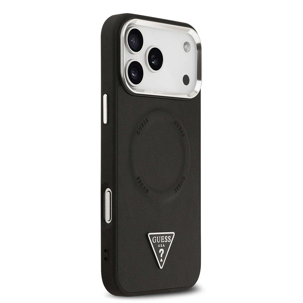 Apple iPhone 17 Pro Max Kılıf Guess Orjinal Lisanslı M-safe Şarj Özellikli PU Deri Metal Kamera Çerçeveli Üçgen Logolu Kapak