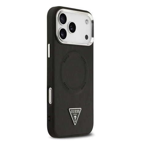 Apple iPhone 17 Pro Max Kılıf Guess Orjinal Lisanslı M-safe Şarj Özellikli PU Deri Metal Kamera Çerçeveli Üçgen Logolu Kapak