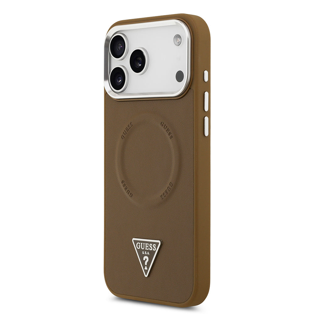Apple iPhone 17 Pro Max Kılıf Guess Orjinal Lisanslı M-safe Şarj Özellikli PU Deri Metal Kamera Çerçeveli Üçgen Logolu Kapak
