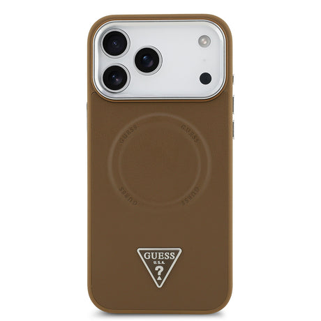 Apple iPhone 17 Pro Max Kılıf Guess Orjinal Lisanslı M-safe Şarj Özellikli PU Deri Metal Kamera Çerçeveli Üçgen Logolu Kapak