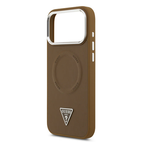 Apple iPhone 17 Pro Max Kılıf Guess Orjinal Lisanslı M-safe Şarj Özellikli PU Deri Metal Kamera Çerçeveli Üçgen Logolu Kapak