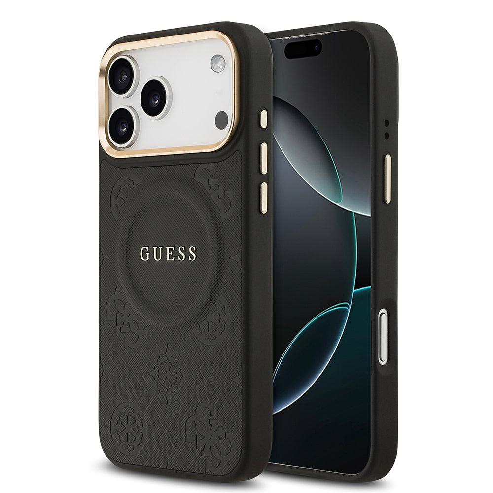 Apple iPhone 17 Pro Max Kılıf Guess Orjinal Lisanslı M-safe Şarj Özellikli Sıcak Baskılı Yazı Logolu PU Deri Peony Kapak