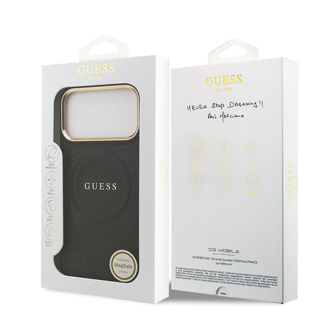 Apple iPhone 17 Pro Max Kılıf Guess Orjinal Lisanslı M-safe Şarj Özellikli Sıcak Baskılı Yazı Logolu PU Deri Peony Kapak