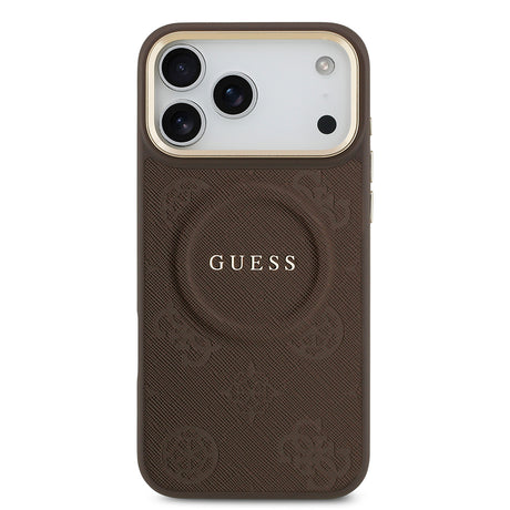 Apple iPhone 17 Pro Max Kılıf Guess Orjinal Lisanslı M-safe Şarj Özellikli Sıcak Baskılı Yazı Logolu PU Deri Peony Kapak