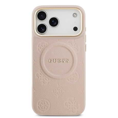Apple iPhone 17 Pro Max Kılıf Guess Orjinal Lisanslı M-safe Şarj Özellikli Sıcak Baskılı Yazı Logolu PU Deri Peony Kapak