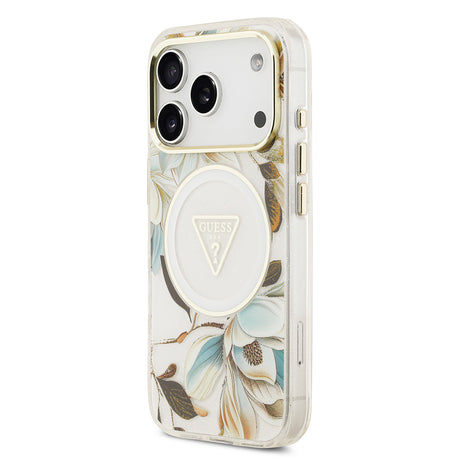 Apple iPhone 17 Pro Max Kılıf Guess Orjinal Lisanslı M-safe Şarj Özellikli Simli Çiçek Desenli Metal Kamera Çerçeveli Üçgen Logolu Kapak