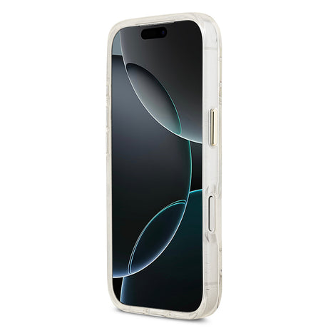 Apple iPhone 17 Pro Max Kılıf Guess Orjinal Lisanslı M-safe Şarj Özellikli Simli Çiçek Desenli Metal Kamera Çerçeveli Üçgen Logolu Kapak