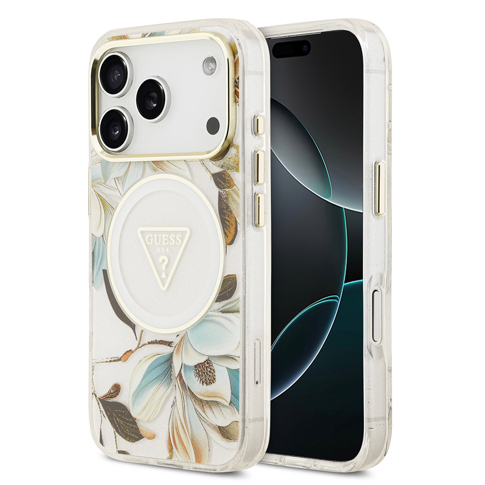 Apple iPhone 17 Pro Max Kılıf Guess Orjinal Lisanslı M-safe Şarj Özellikli Simli Çiçek Desenli Metal Kamera Çerçeveli Üçgen Logolu Kapak