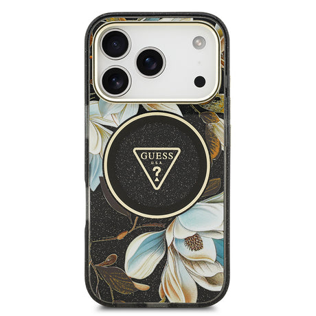Apple iPhone 17 Pro Max Kılıf Guess Orjinal Lisanslı M-safe Şarj Özellikli Simli Çiçek Desenli Metal Kamera Çerçeveli Üçgen Logolu Kapak