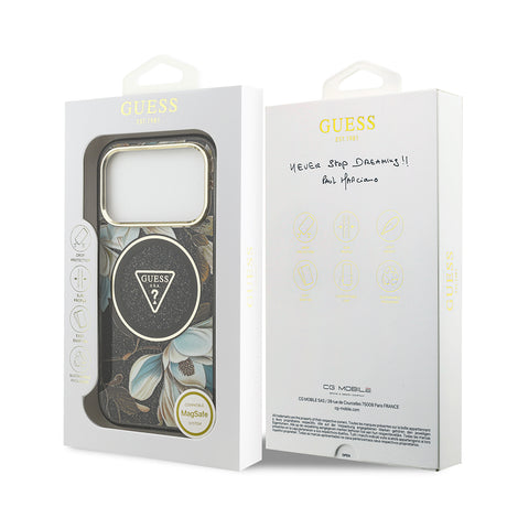 Apple iPhone 17 Pro Max Kılıf Guess Orjinal Lisanslı M-safe Şarj Özellikli Simli Çiçek Desenli Metal Kamera Çerçeveli Üçgen Logolu Kapak