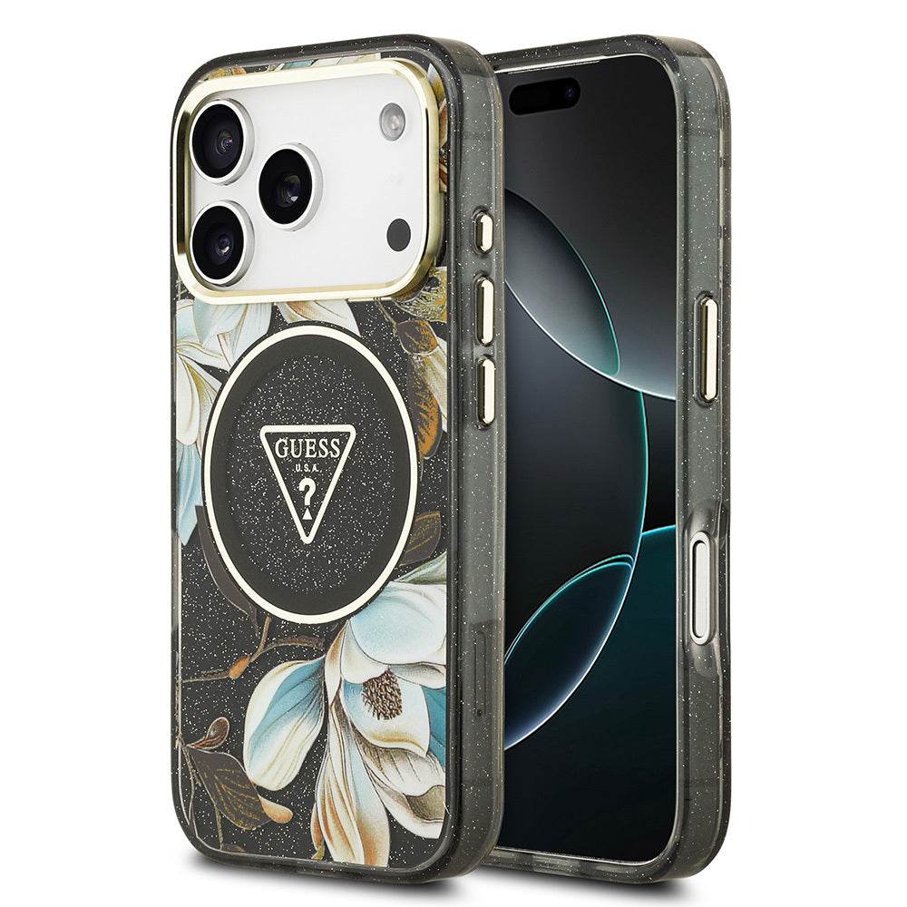 Apple iPhone 17 Pro Max Kılıf Guess Orjinal Lisanslı M-safe Şarj Özellikli Simli Çiçek Desenli Metal Kamera Çerçeveli Üçgen Logolu Kapak