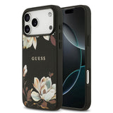 Apple iPhone 17 Pro Max Kılıf Guess Orjinal Lisanslı M-safe Şarj Özellikli Taneli Çiçek Tasarımlı Metal Yazı Logolu Kapak