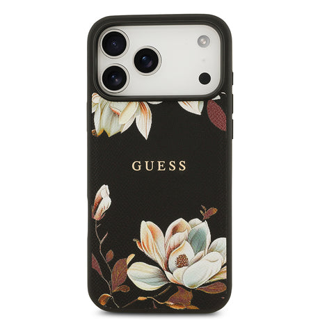 Apple iPhone 17 Pro Max Kılıf Guess Orjinal Lisanslı M-safe Şarj Özellikli Taneli Çiçek Tasarımlı Metal Yazı Logolu Kapak