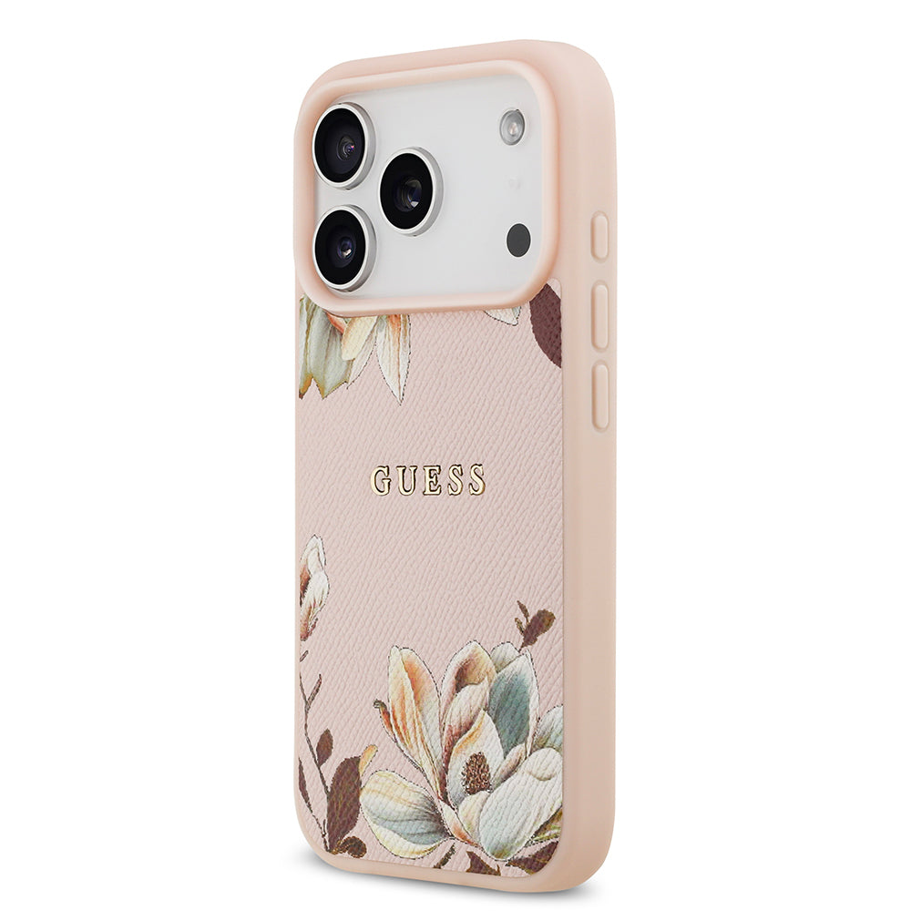 Apple iPhone 17 Pro Max Kılıf Guess Orjinal Lisanslı M-safe Şarj Özellikli Taneli Çiçek Tasarımlı Metal Yazı Logolu Kapak