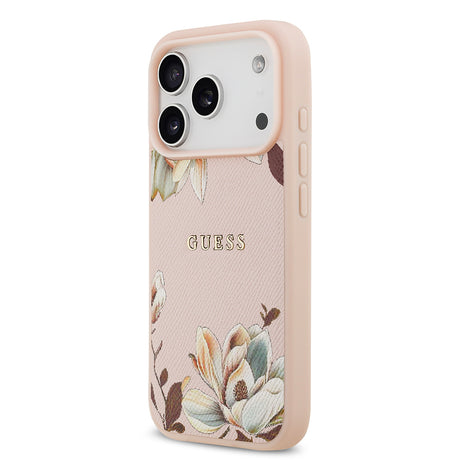 Apple iPhone 17 Pro Max Kılıf Guess Orjinal Lisanslı M-safe Şarj Özellikli Taneli Çiçek Tasarımlı Metal Yazı Logolu Kapak