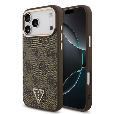 Apple iPhone 17 Pro Max Kılıf Guess Orjinal Lisanslı M-safe Şarj Özellikli Taşlı Üçgen Logo 4G Desenli Kapak