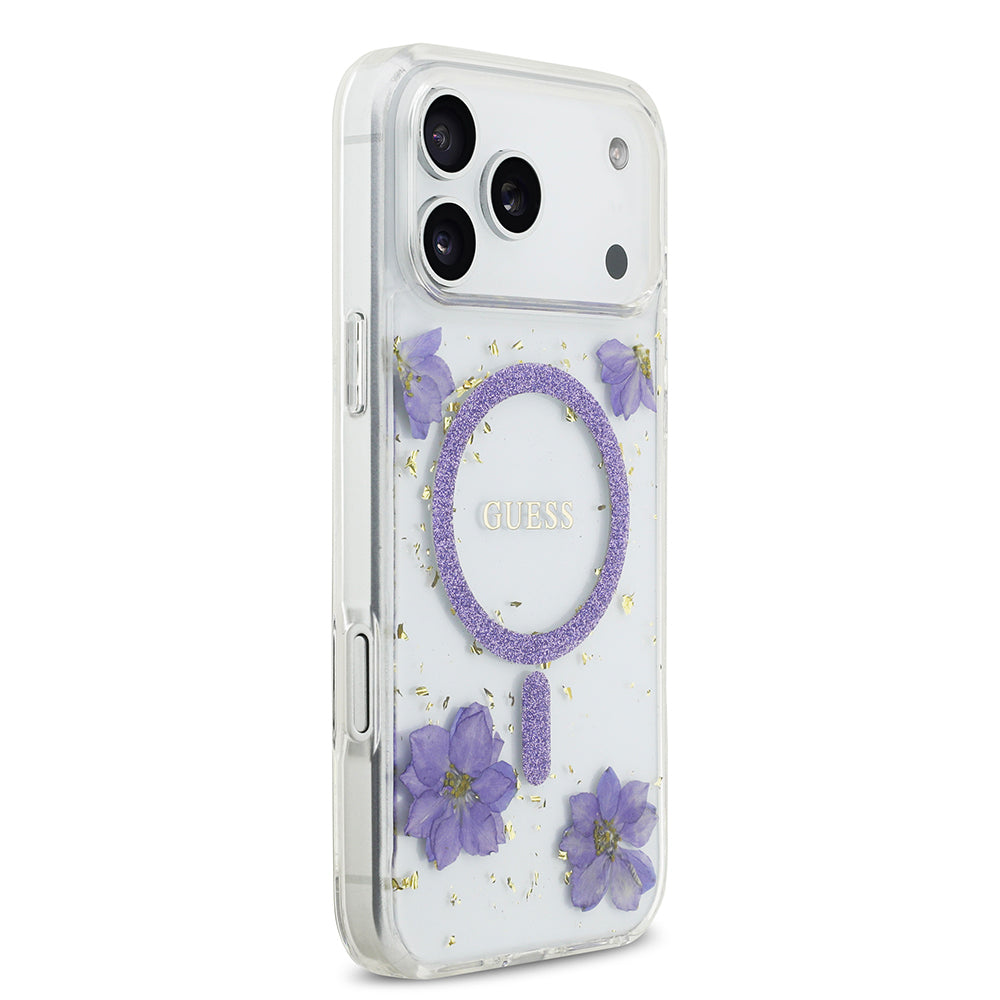 Apple iPhone 17 Pro Max Kılıf Guess Orjinal Lisanslı M-safe Şarj Özellikli Transparan Resin Flowers Kapak