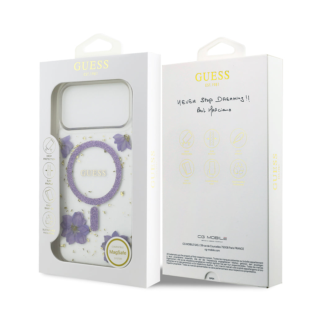 Apple iPhone 17 Pro Max Kılıf Guess Orjinal Lisanslı M-safe Şarj Özellikli Transparan Resin Flowers Kapak