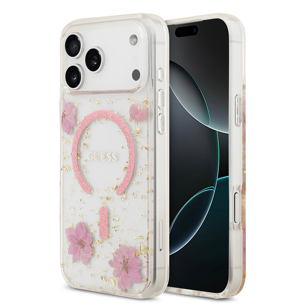 Apple iPhone 17 Pro Max Kılıf Guess Orjinal Lisanslı M-safe Şarj Özellikli Transparan Resin Flowers Kapak