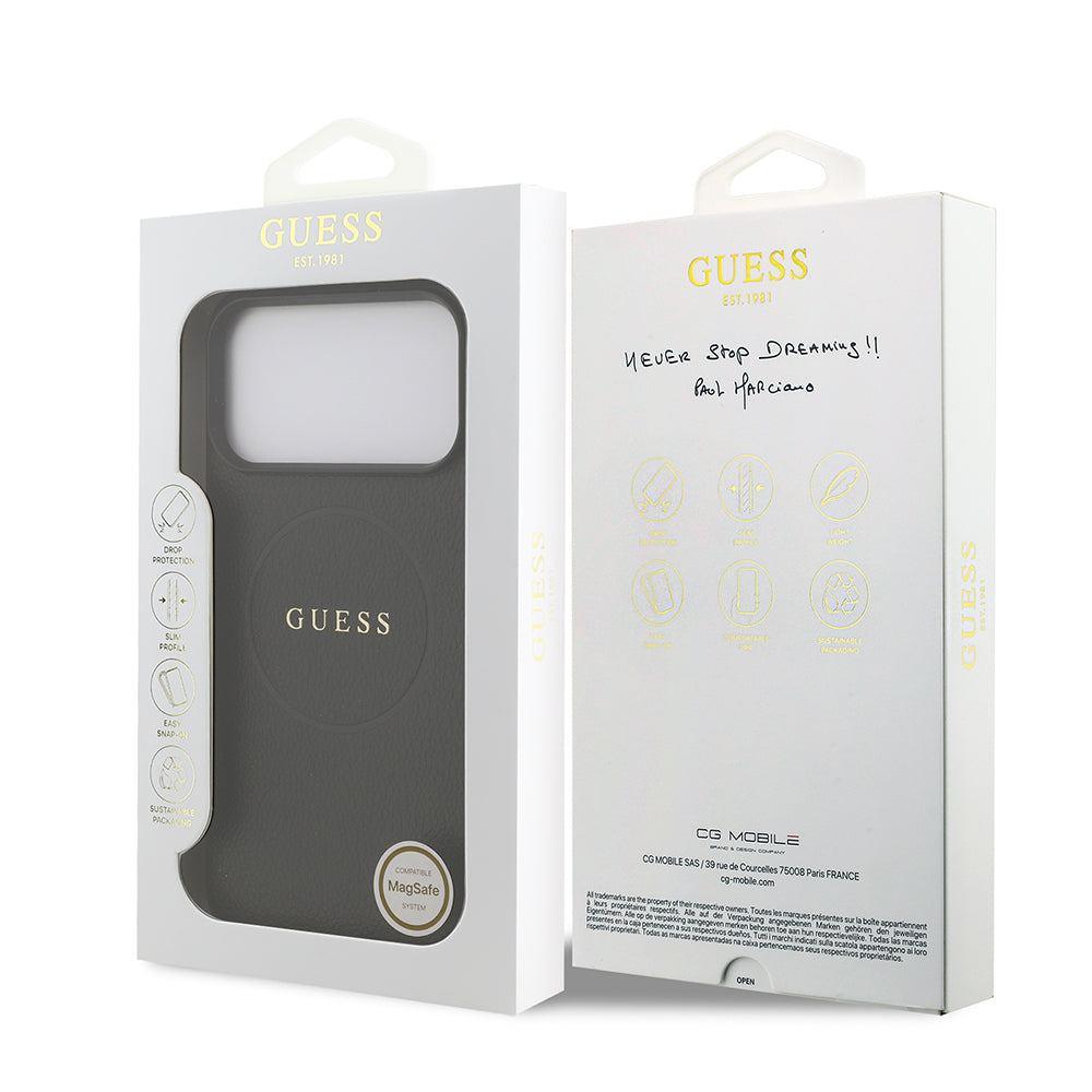 Apple iPhone 17 Pro Max Kılıf Guess Orjinal Lisanslı M-safe Şarj Özellikli Yazı Logolu PU Deri Kapak