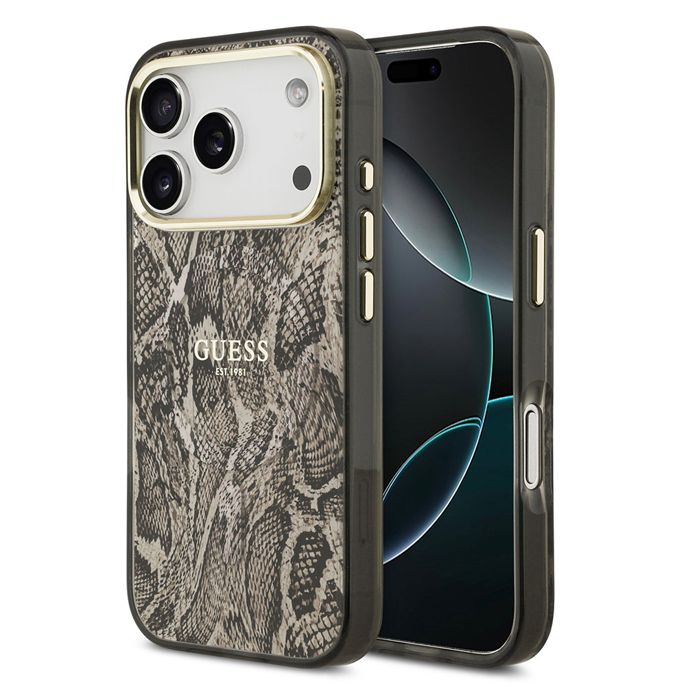 Apple iPhone 17 Pro Max Kılıf Guess Orjinal Lisanslı M-safe Şarj Özellikli Yazı Logolu Python Desenli Kapak