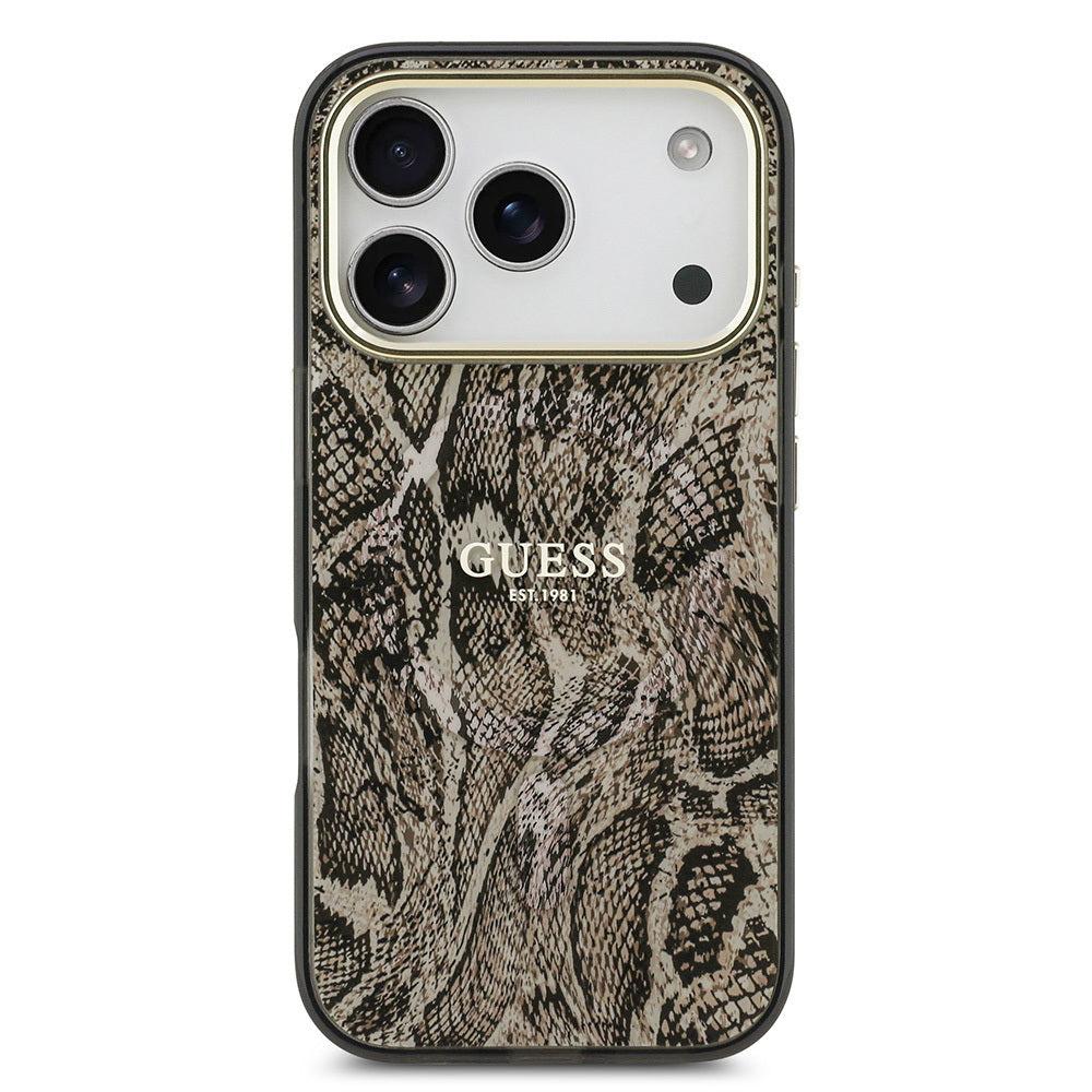 Apple iPhone 17 Pro Max Kılıf Guess Orjinal Lisanslı M-safe Şarj Özellikli Yazı Logolu Python Desenli Kapak